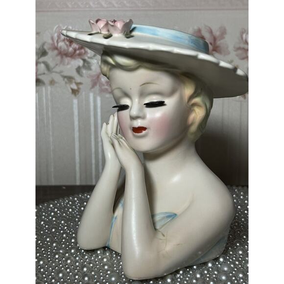 Vintage Lefton White 2900 Lady Head vase, Brimmed Hat No Foil - Picture 7 of 15